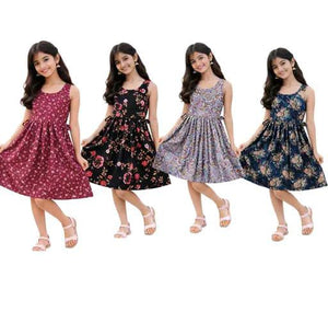 Girls' Floral A-Line Frock Sleeveless Crepe Dress and Casual Wear Frock