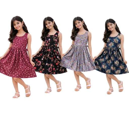 Girls' Floral A-Line Frock Sleeveless Crepe Dress and Casual Wear Frock