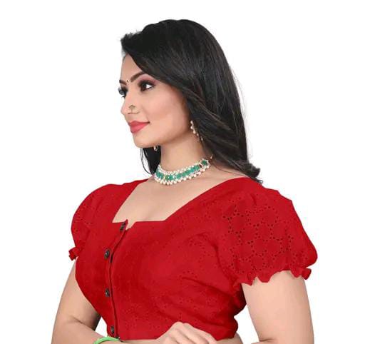 Women's Pure Cotton Blouse With Sweetheart Neck & Puff Sleeve, R...