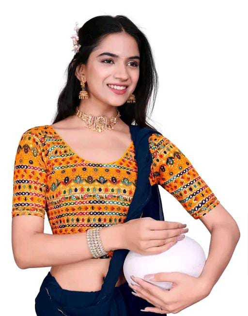 Round Neck Aztec Print Pattern Elbow Sleeves Full Stretchable Bl...
