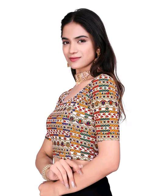 Round Neck Aztec Print Pattern Elbow Sleeves Full Stretchable Bl...