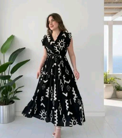 Stylish Women Teal Green Abstract Printed Gown | Flared Party Wear