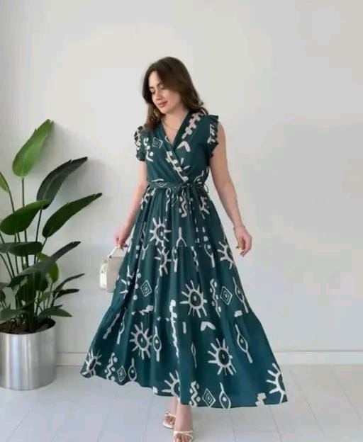 Stylish Women Teal Green Abstract Printed Gown | Flared Party Wear