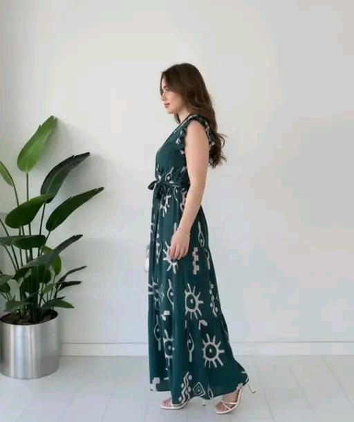 Stylish Women Teal Green Abstract Printed Gown | Flared Party Wear