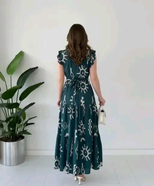 Stylish Women Teal Green Abstract Printed Gown | Flared Party Wear