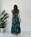 Stylish Women Teal Green Abstract Printed Gown | Flared Party Wear