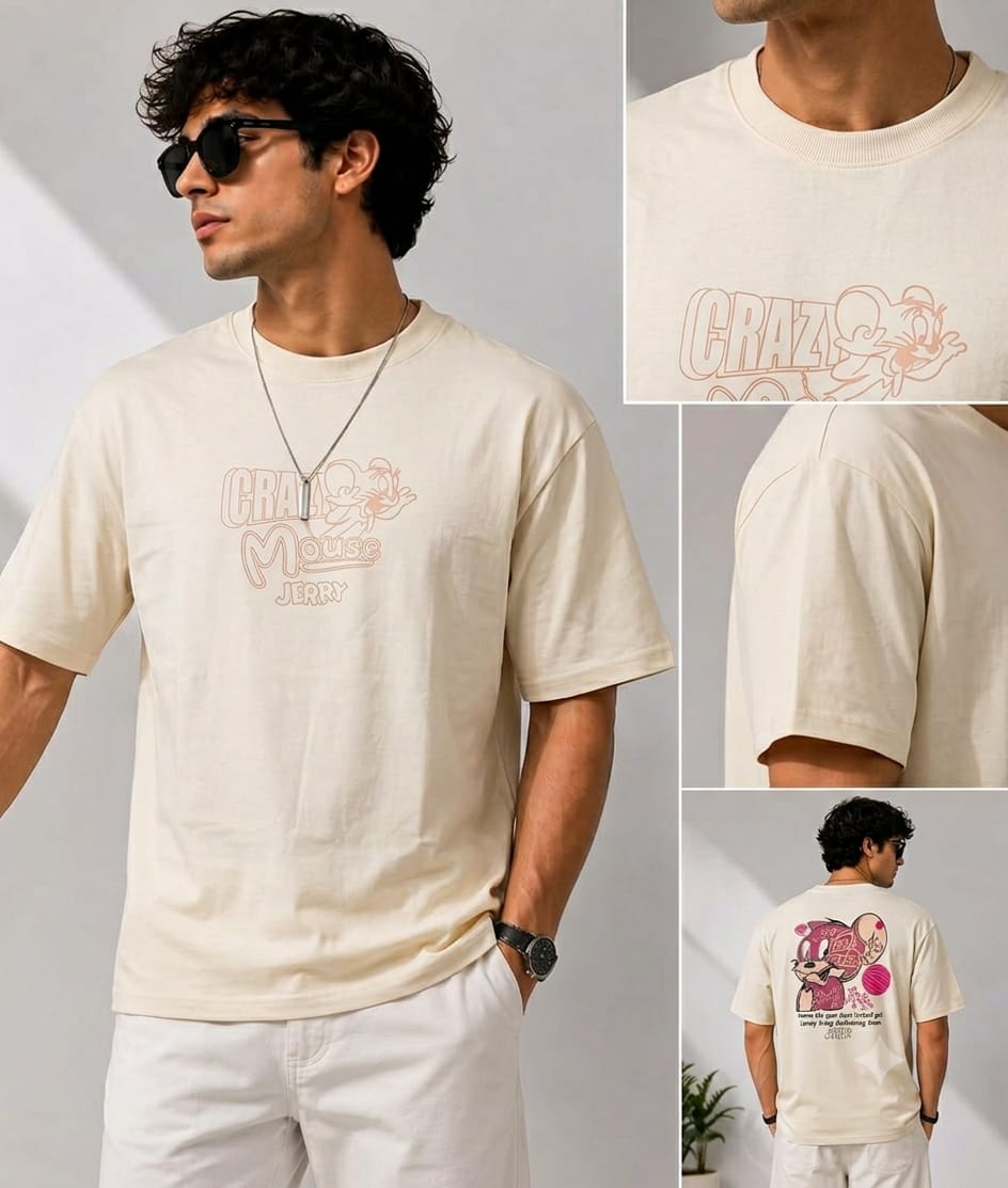 Beige color round neck t-shirt, heavy cotton lycra, stretchable, and flexible