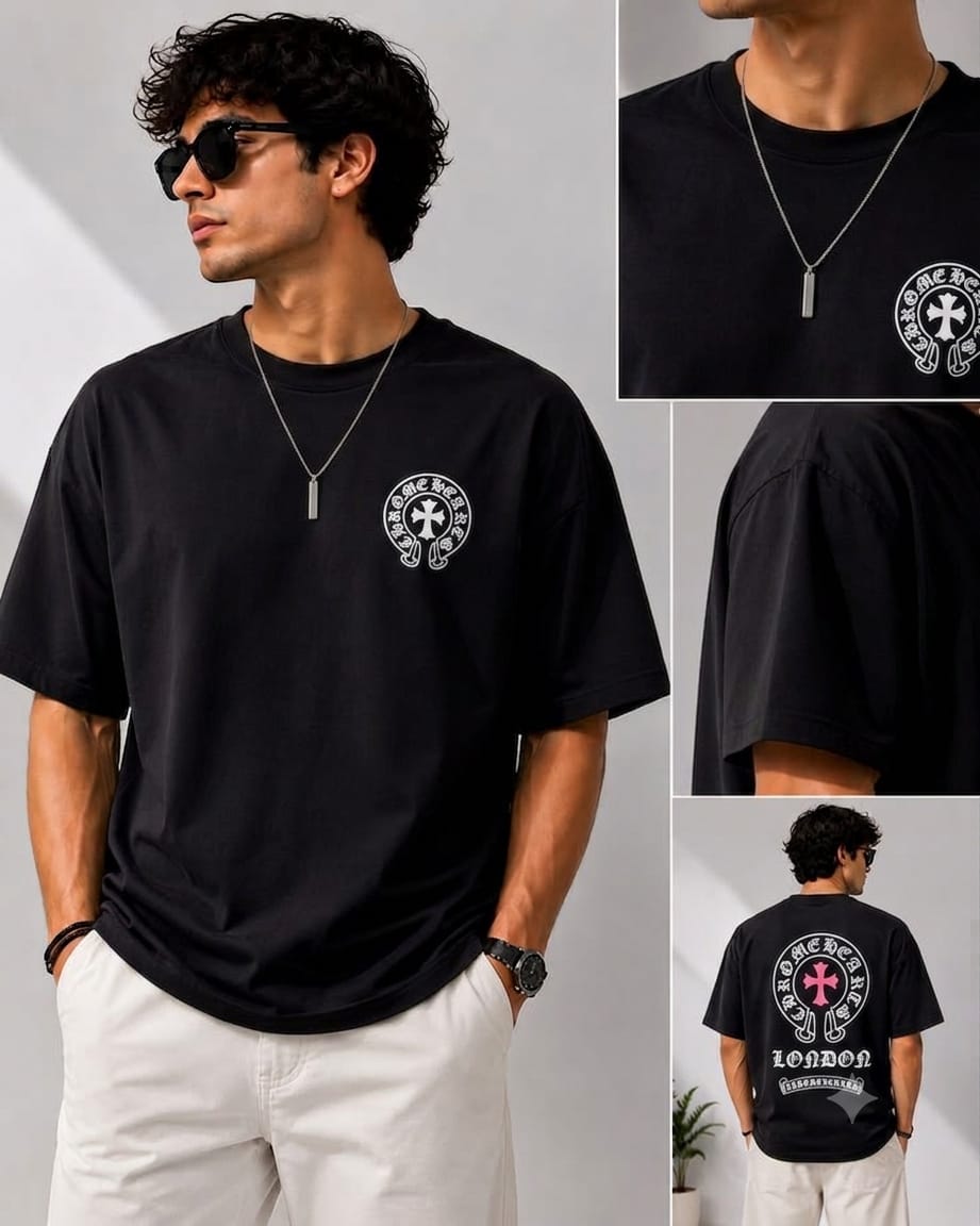 Black Color Heavy Cotton Lahara T-Shirt Round Neck